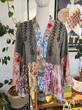 Young Threads Boho Patchwork Embroidered Open Front Kimono Cardigan Medium Flora